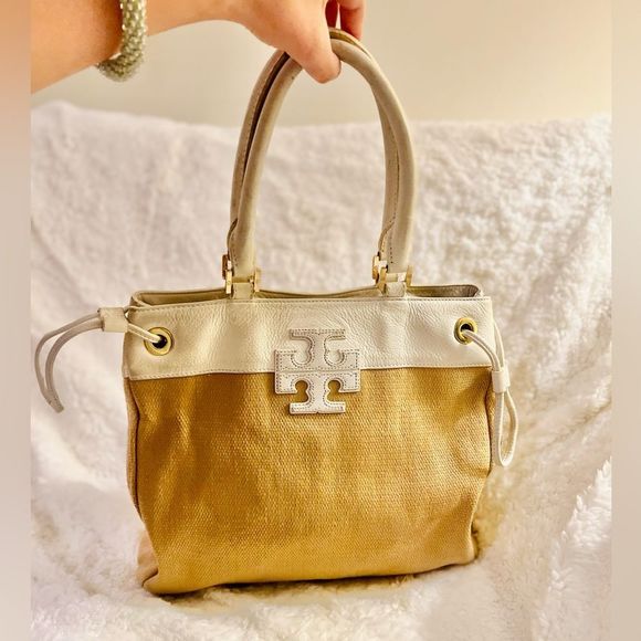 Tory Burch Bags Tory Burch Gold Straw Leathertrimmed Shoulder Bag